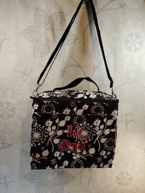 thirty-one Black Floral Insulated Food Tote Bag with Pink Embroidery